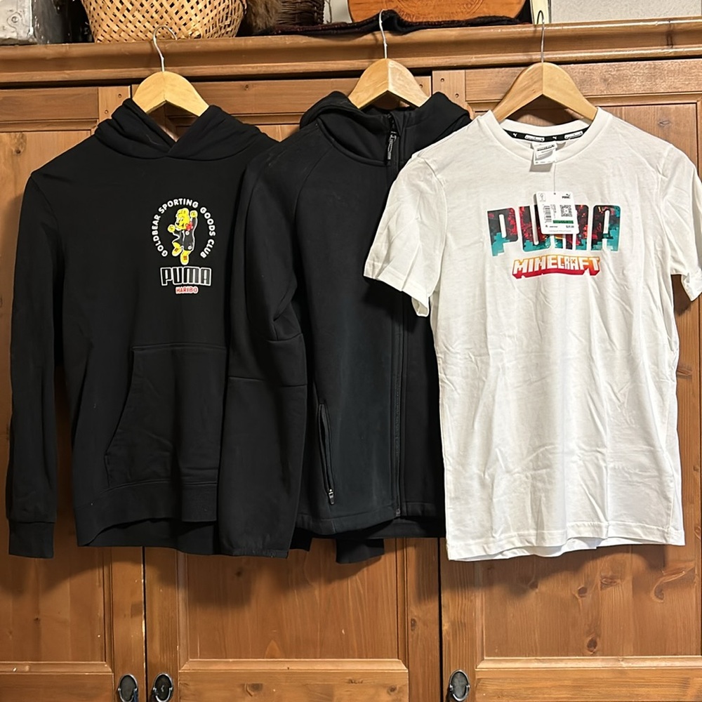 Boys LG PUMA Lot 2 sweatshirts; haribo Gummy Bear Pullover + zipup + MINECRAFT T